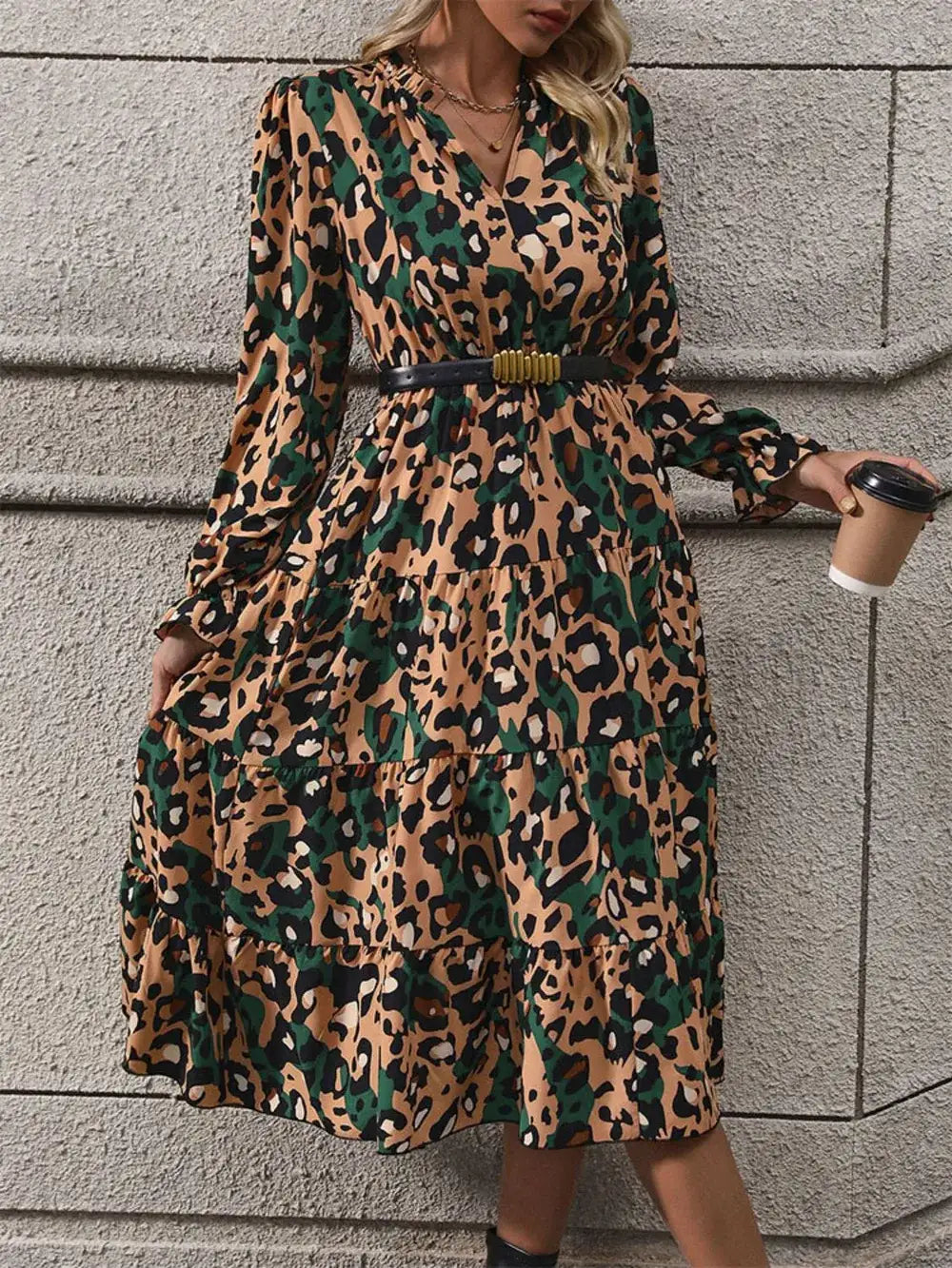 Camel leopard print midi dress - flounce sleeve detail
