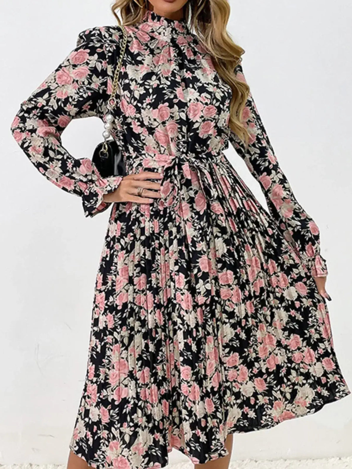 Floral print pleated long sleeve midi dress styled look