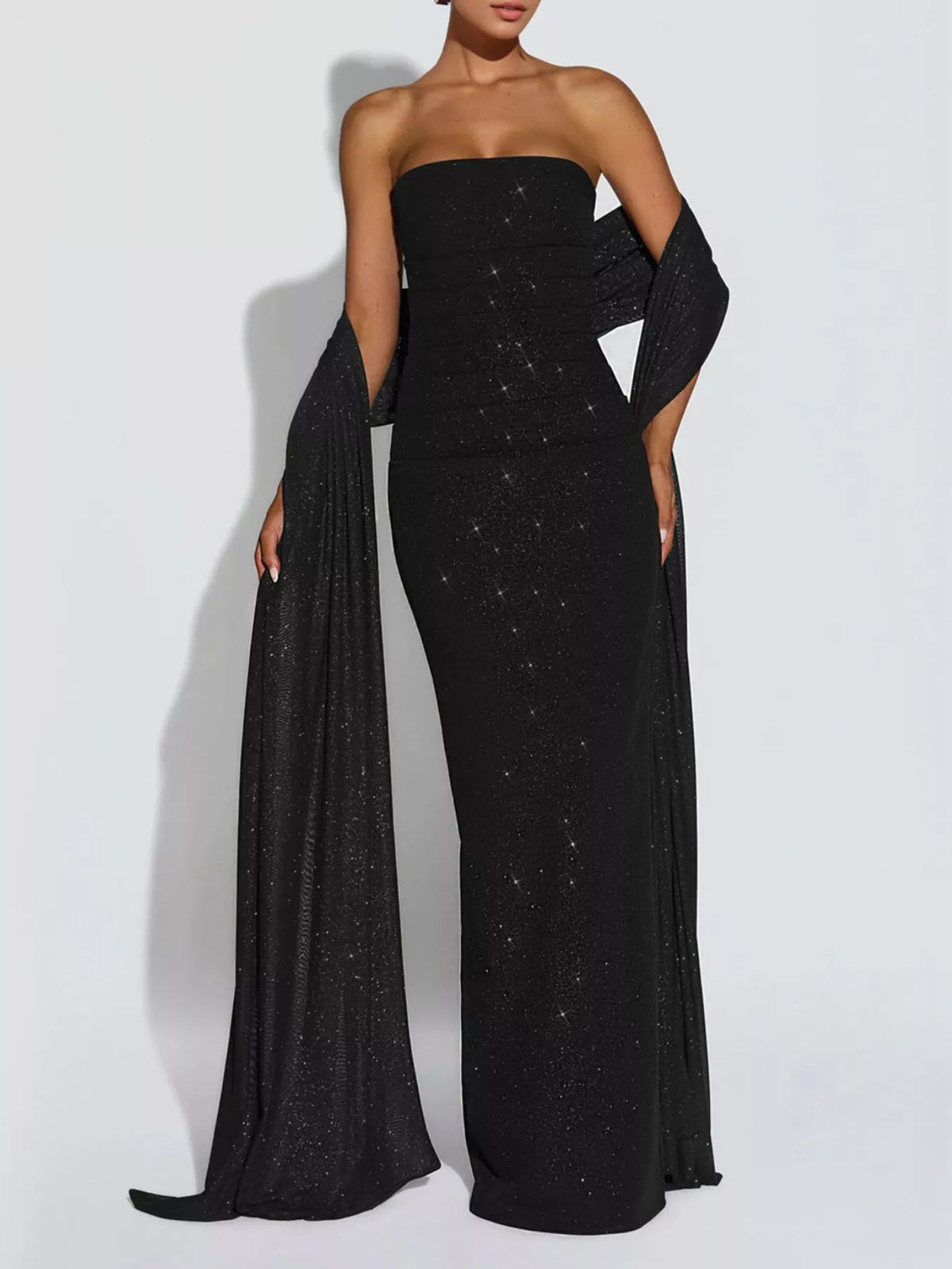 Black strapless glitter maxi dress with matching scarf - side view