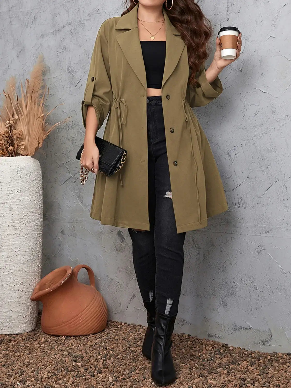Plus Size Lapel Collar Drawstring Trench Coat