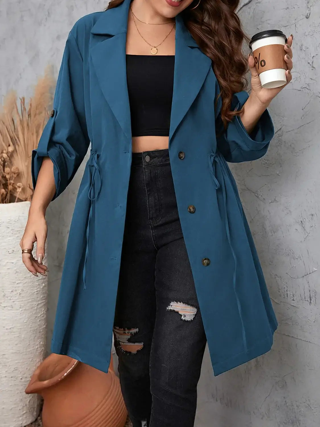Plus Size Lapel Collar Drawstring Trench Coat