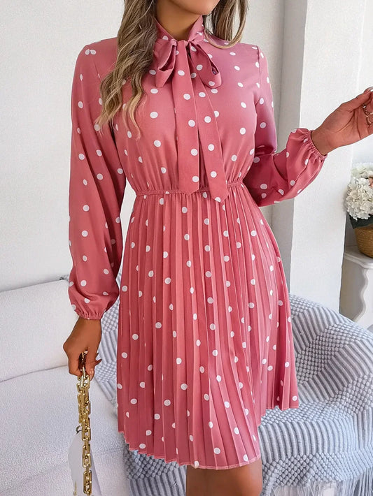 Polka Dot Tie Neck Pleated Dress — Elegant Vintage Chic