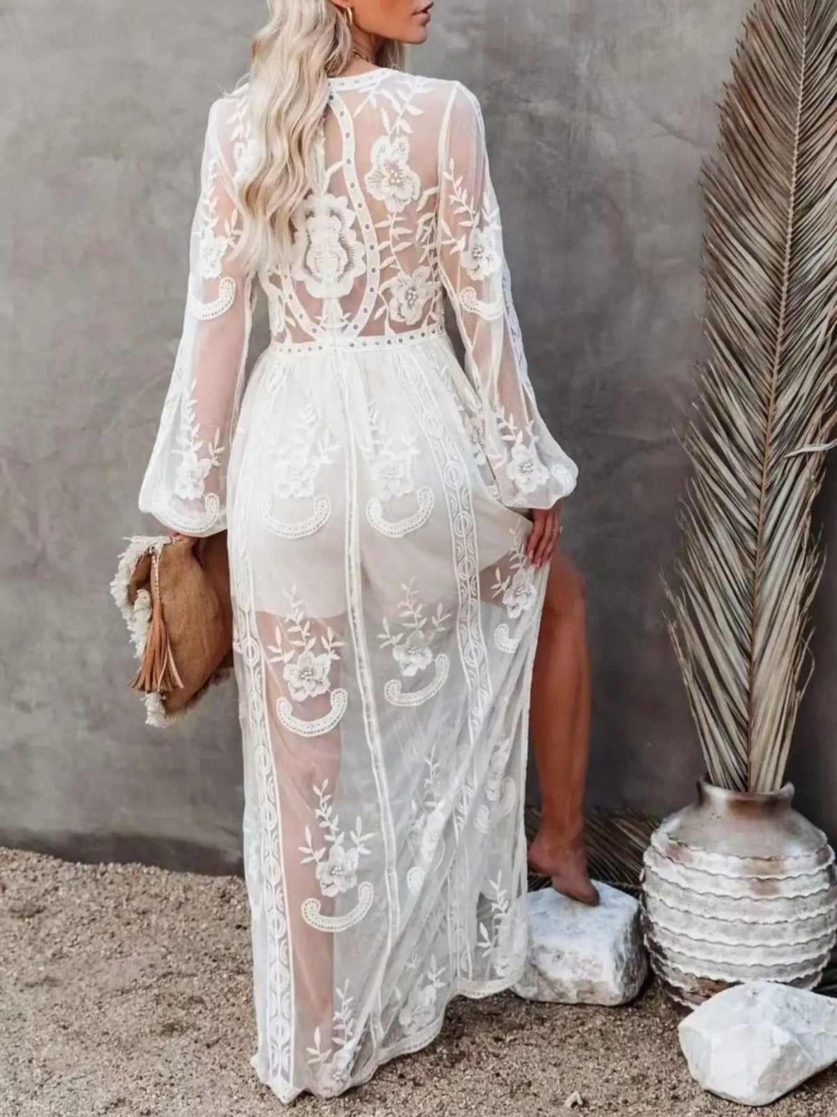 Evie's Dreamland floral lace maxi dress with a high slit and floor-length silhouette