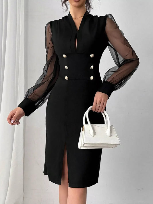 Elegant black midi dress with sheer puff sleeves, gold buttons, front slit, and white handbag