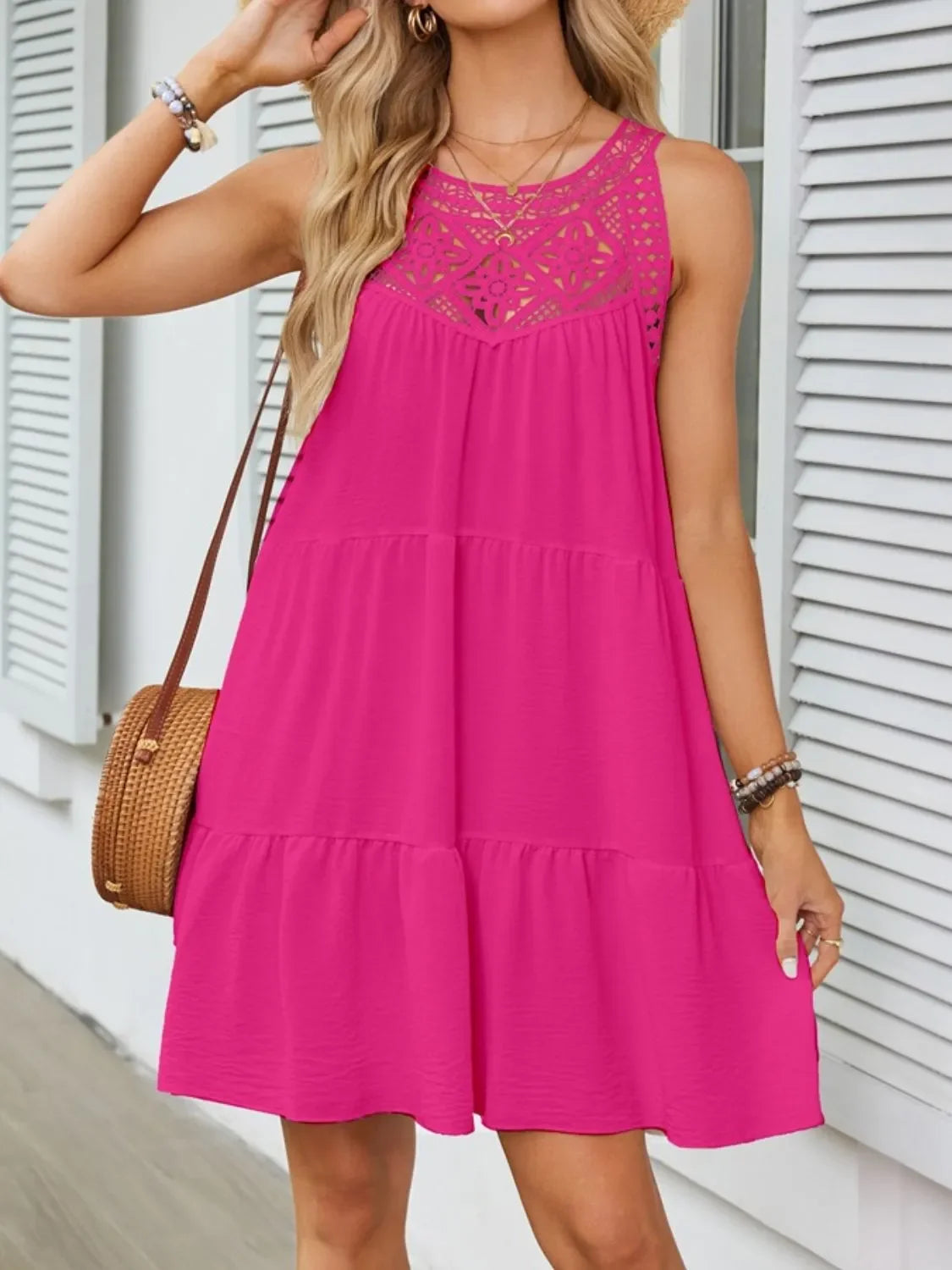 Light blue ruffled lace sleeveless dress, detail view
