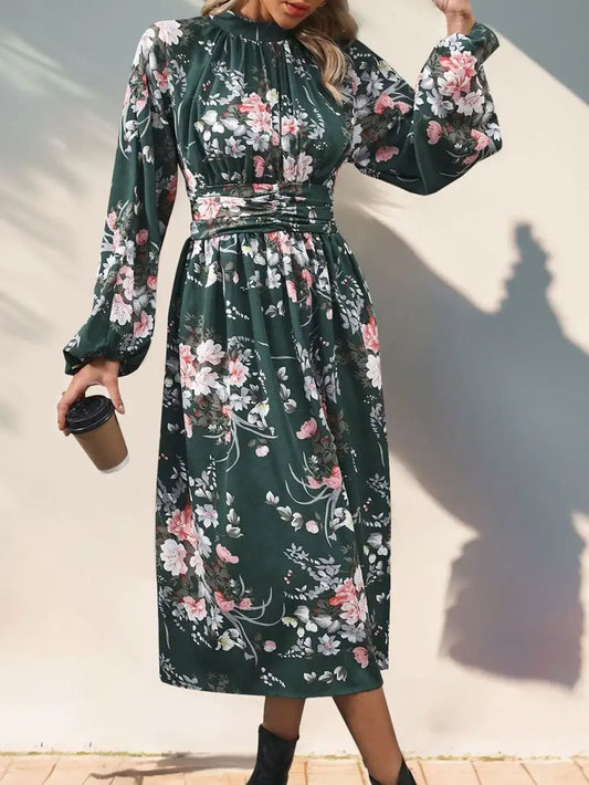 Black Forest green floral mock neck midi dress with long balloon sleeves - front view