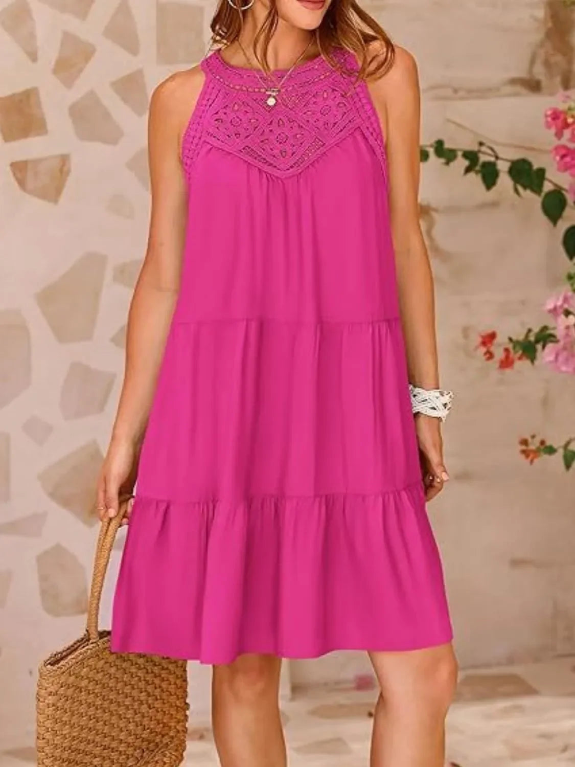 Rust lace sleeveless occasion dress with ruffled hem