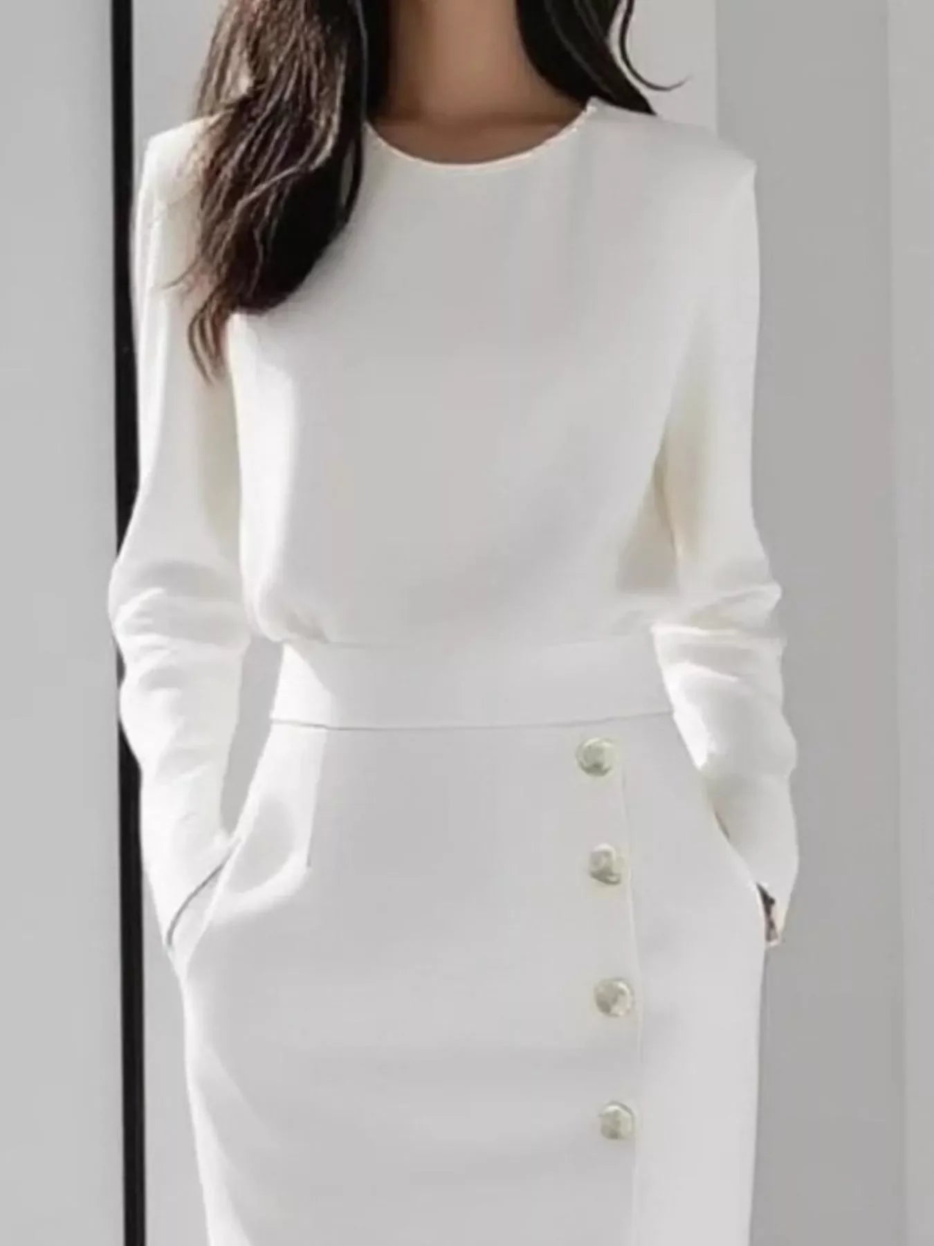 Long Sleeve Button Detail Midi Dress with Slit and Pockets