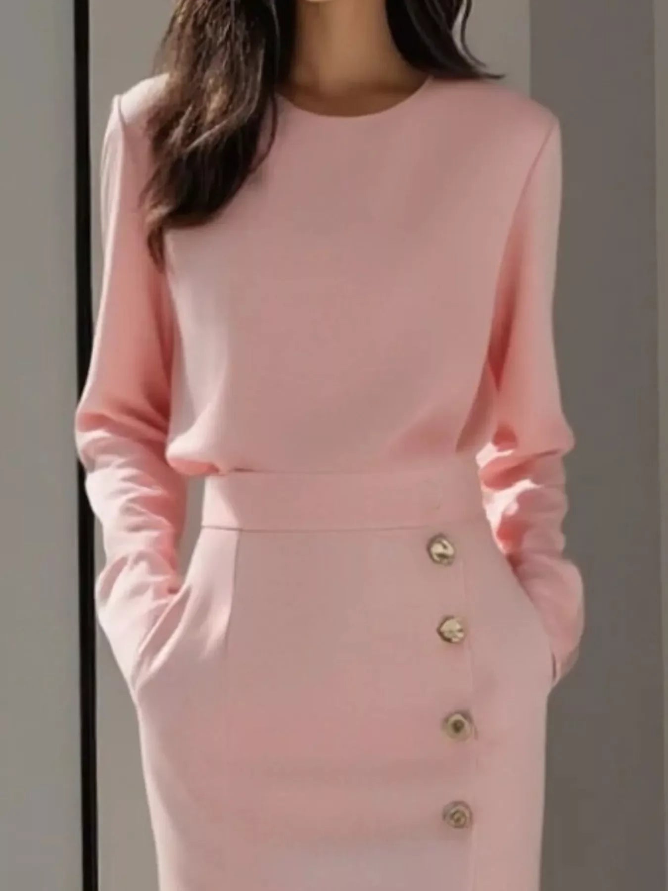 Long Sleeve Button Detail Midi Dress with Slit and Pockets
