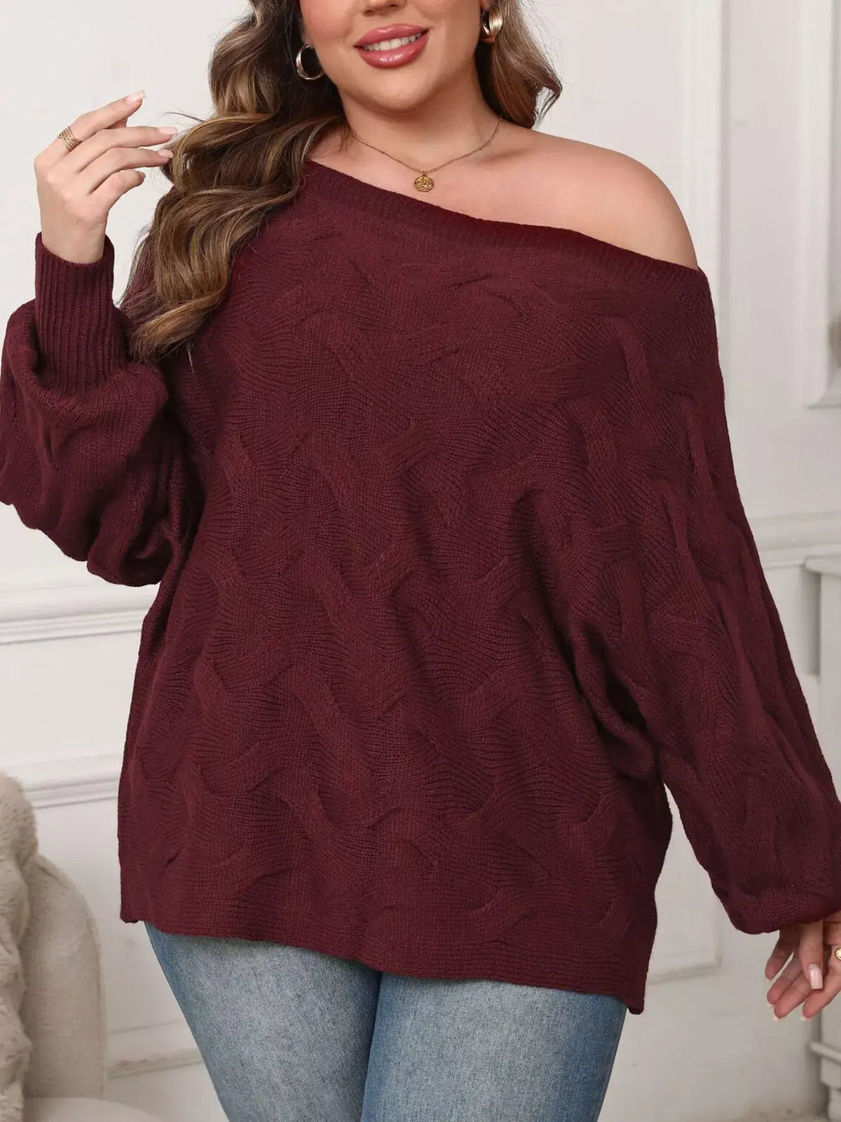 Plus size off-shoulder long sleeve burgundy sweater with cable knit texture by Evie's Dreamland.