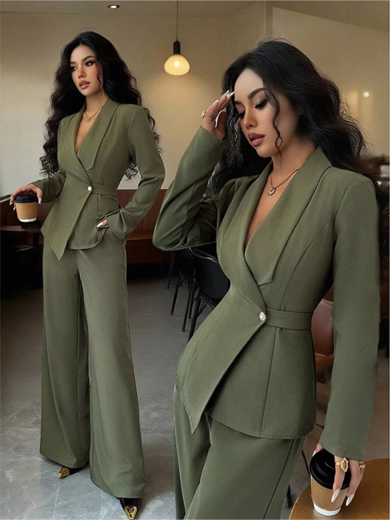 Woman in olive green tailored pantsuit with flared trousers, holding coffee in modern cafe