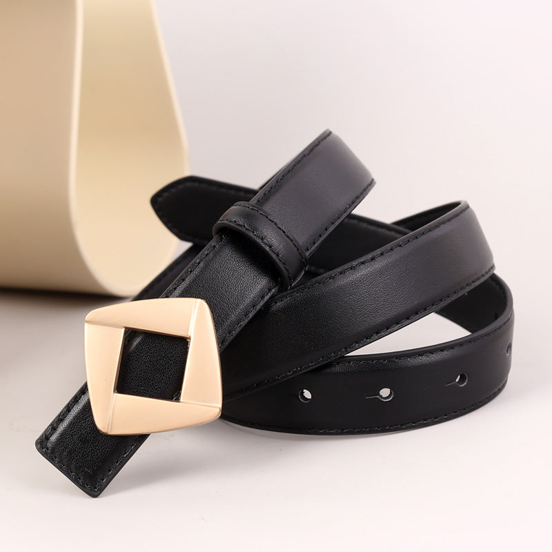 Elegant black faux leather women's belt with a square gold-tone buckle