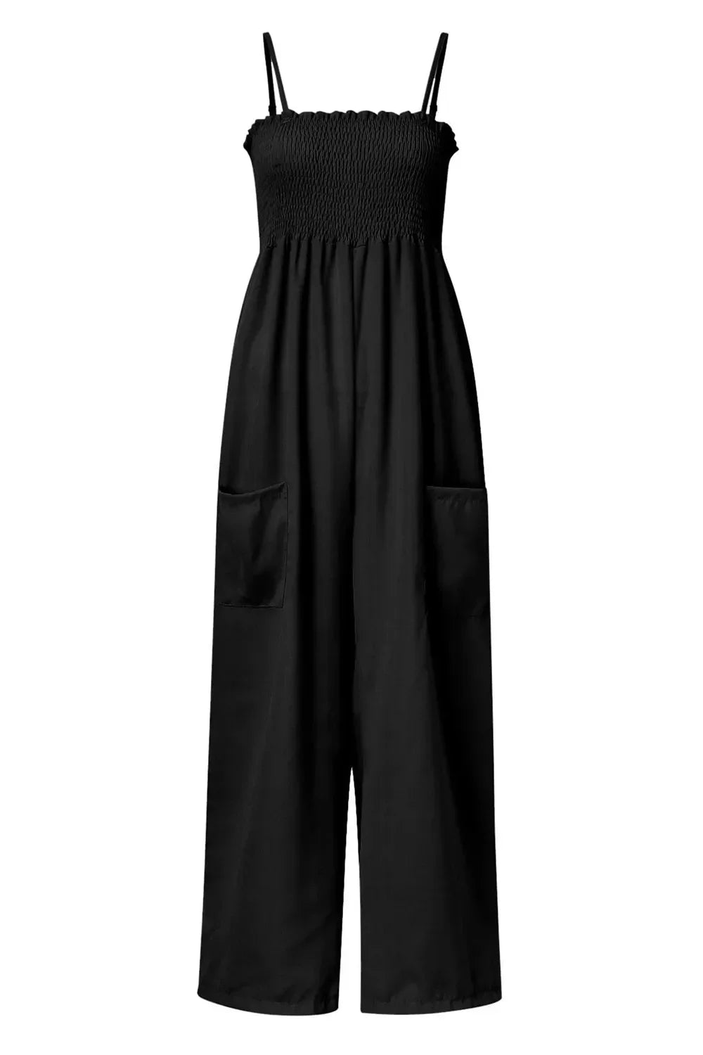 Black sleeveless jumpsuit with smocked bodice, wide legs, and front patch pockets