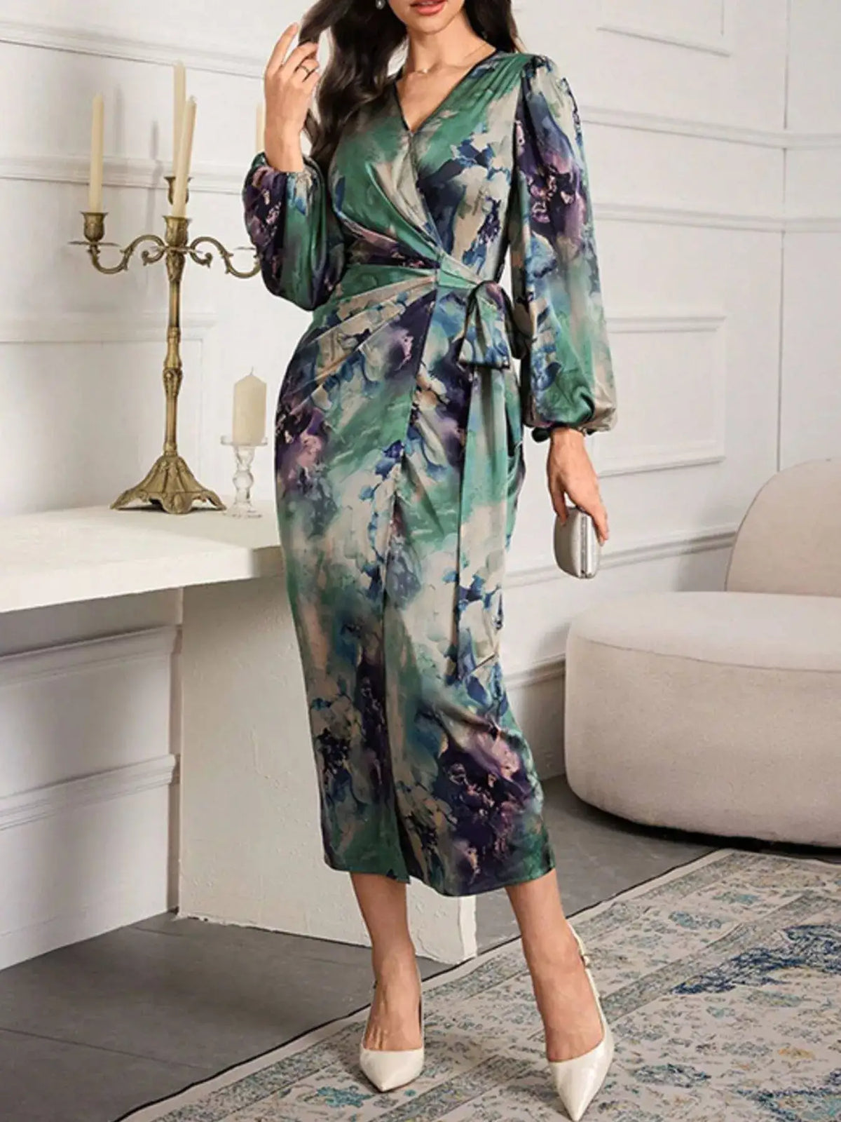 Printed ruched balloon sleeve dress - full length