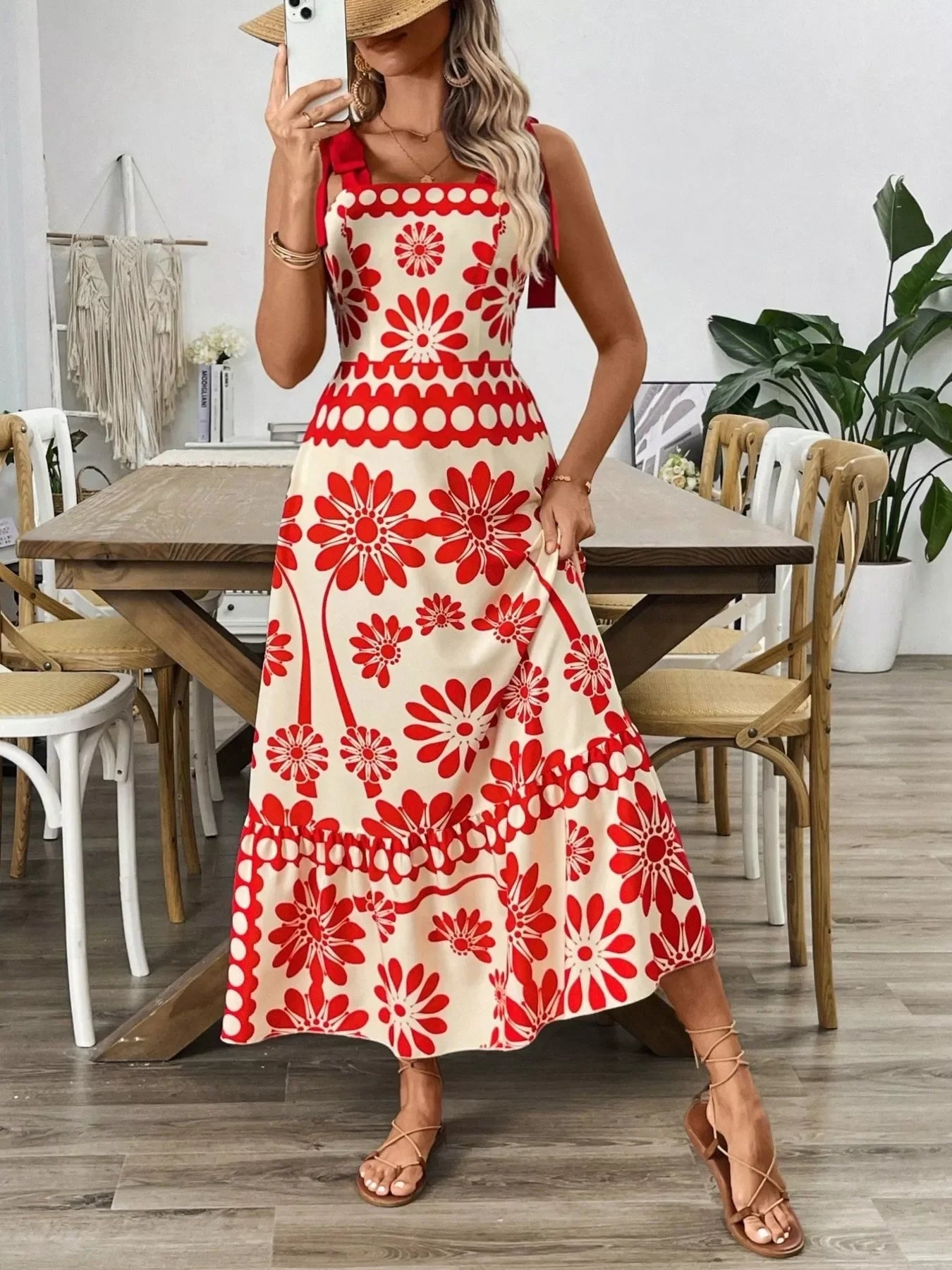 Red floral print midi dress with tie straps, styled with strappy sandals