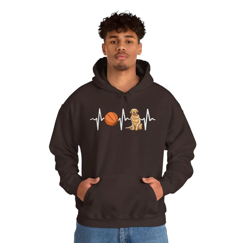 Person wearing a black hoodie with a graphic design on a white background