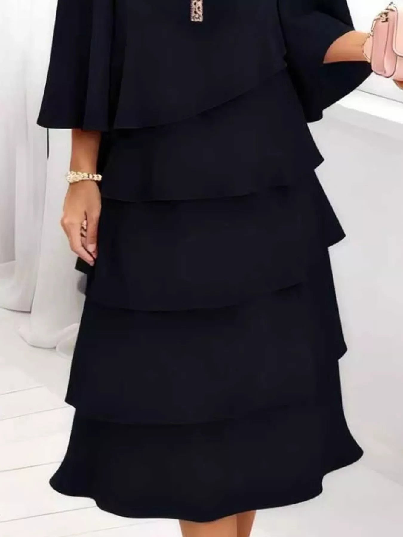 Plus Size Ruffled Tiered 3/4 Sleeve Dress