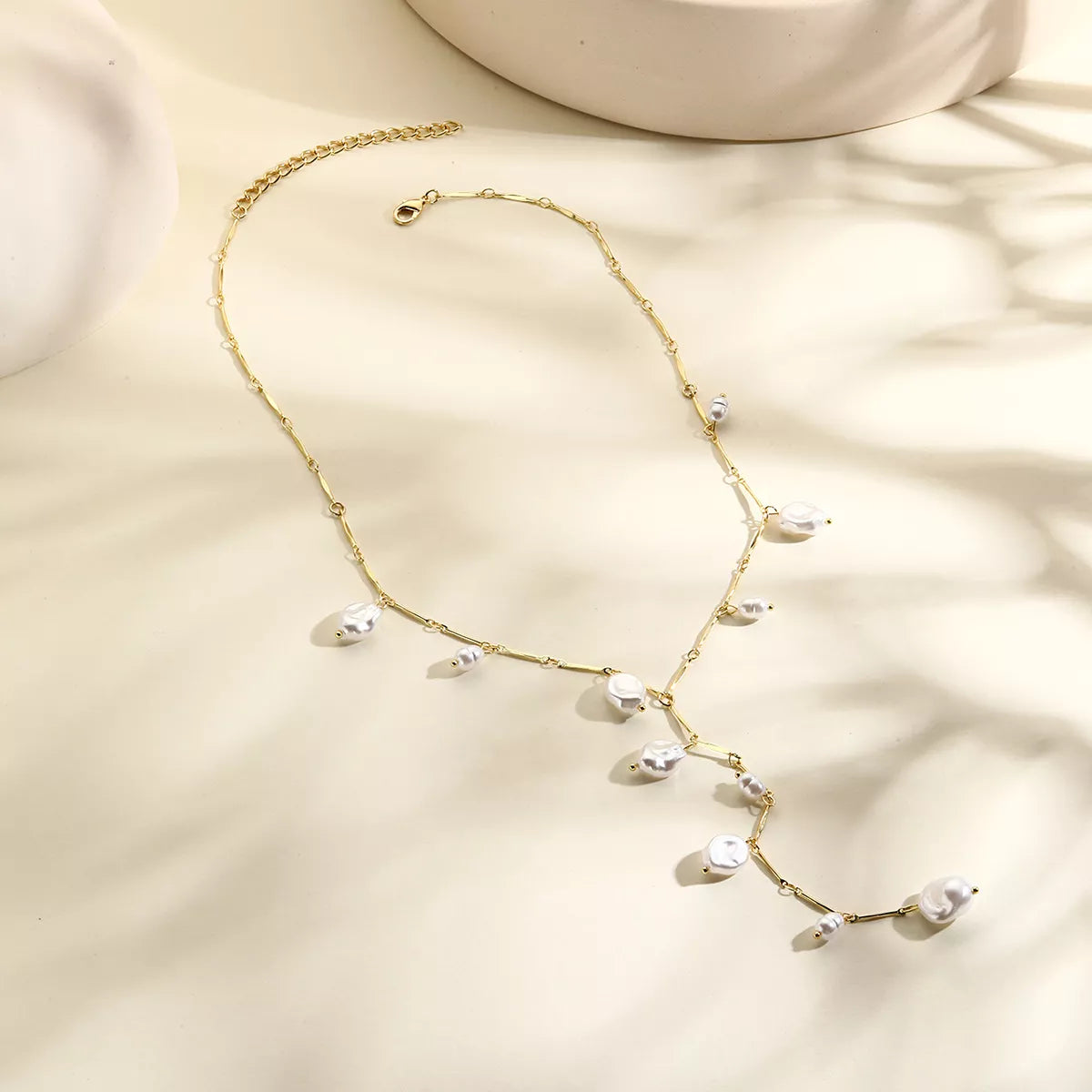Gold chain necklace with baroque pearls, elegant everyday jewelry for women