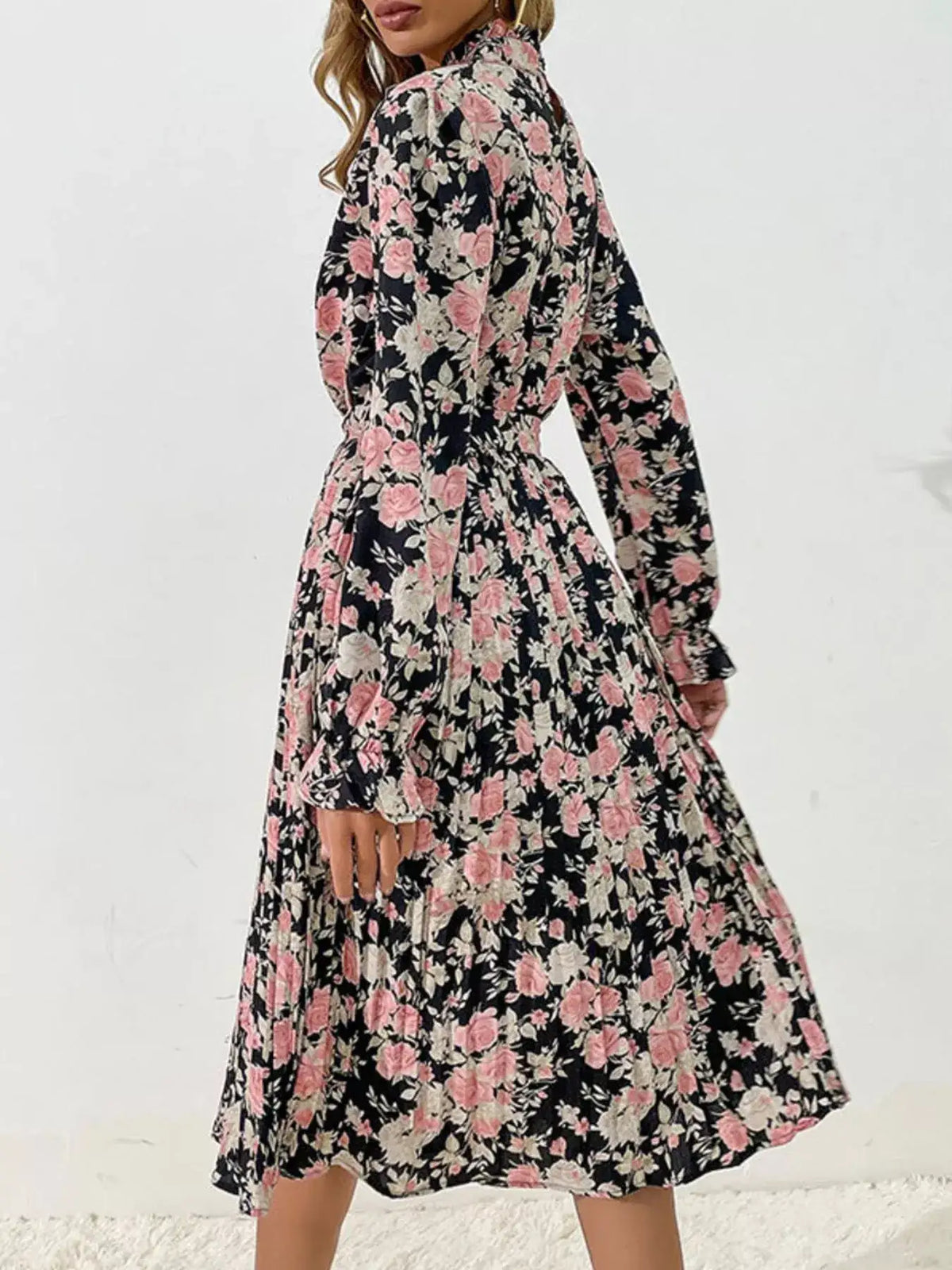 Black floral pleated midi dress with button front - detail