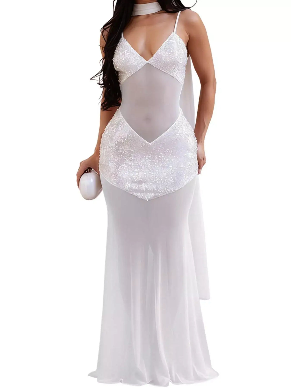 Evie's Dreamland white sequin V-neck mesh maxi dress with a sheer body and flowing skirt.