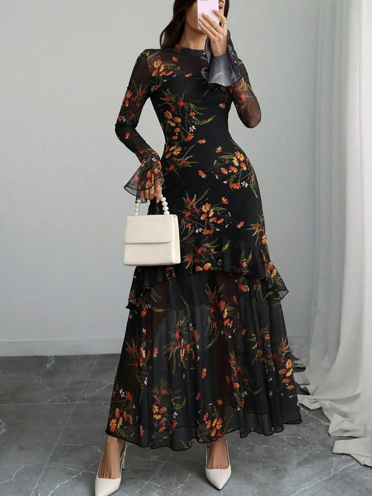 Off white floral flounce-sleeve mermaid maxi dress by Evie's Dreamland