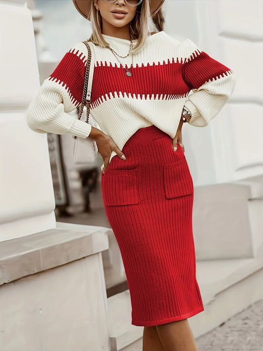 Two-Tone Ribbed Knit Sweater Set
