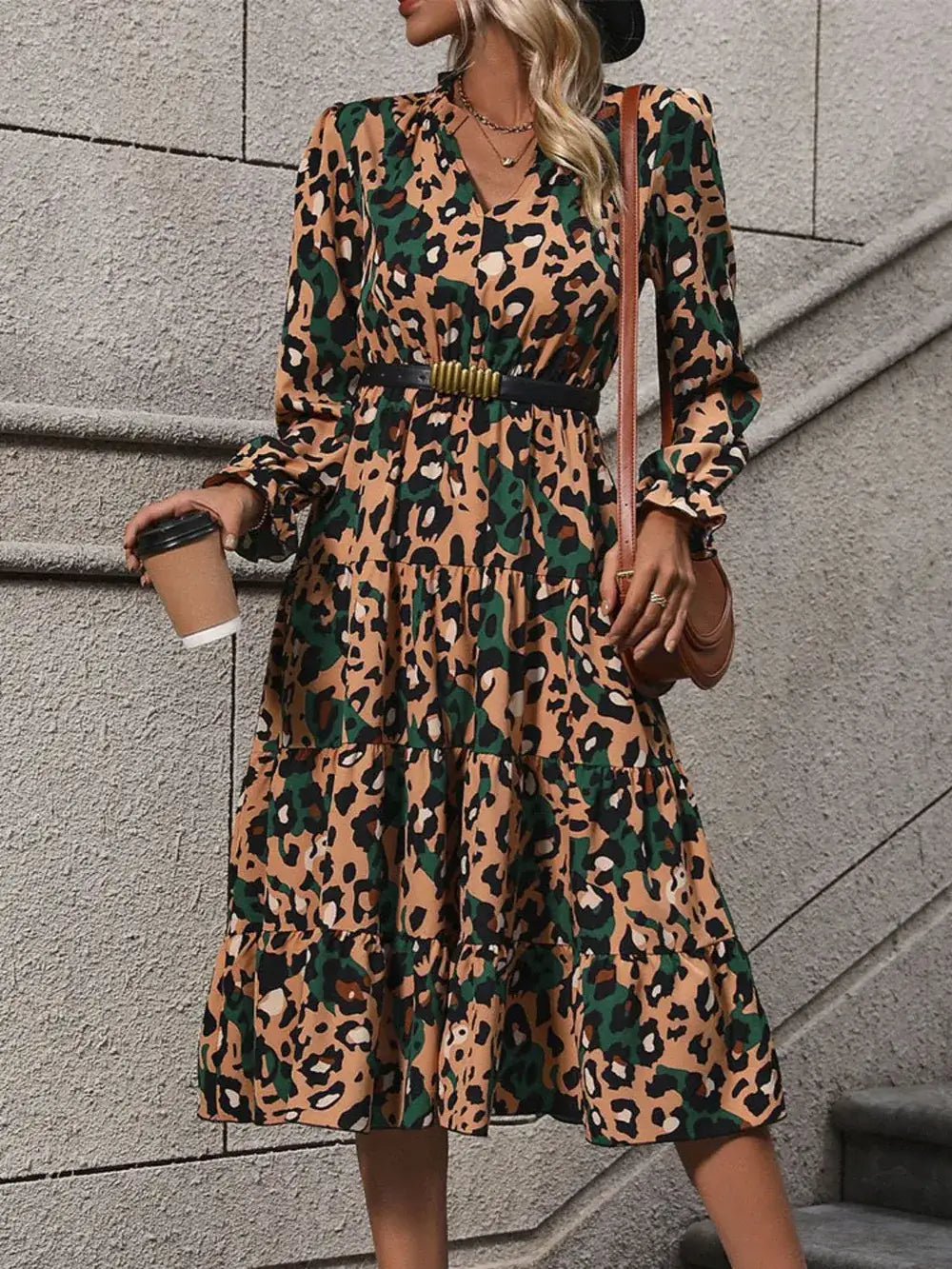 Camel leopard midi dress with notched neckline - back view