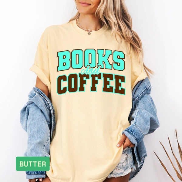 Books and Coffee T-Shirt – Book Lover Comfort Colors® Tee, Unisex Reading Shirt, Gift for Teachers, Librarians, and Coffee Enthusiasts - Evie's Dreamlands