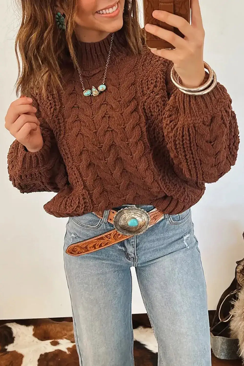 Women's brown mock neck cable knit sweater for fall