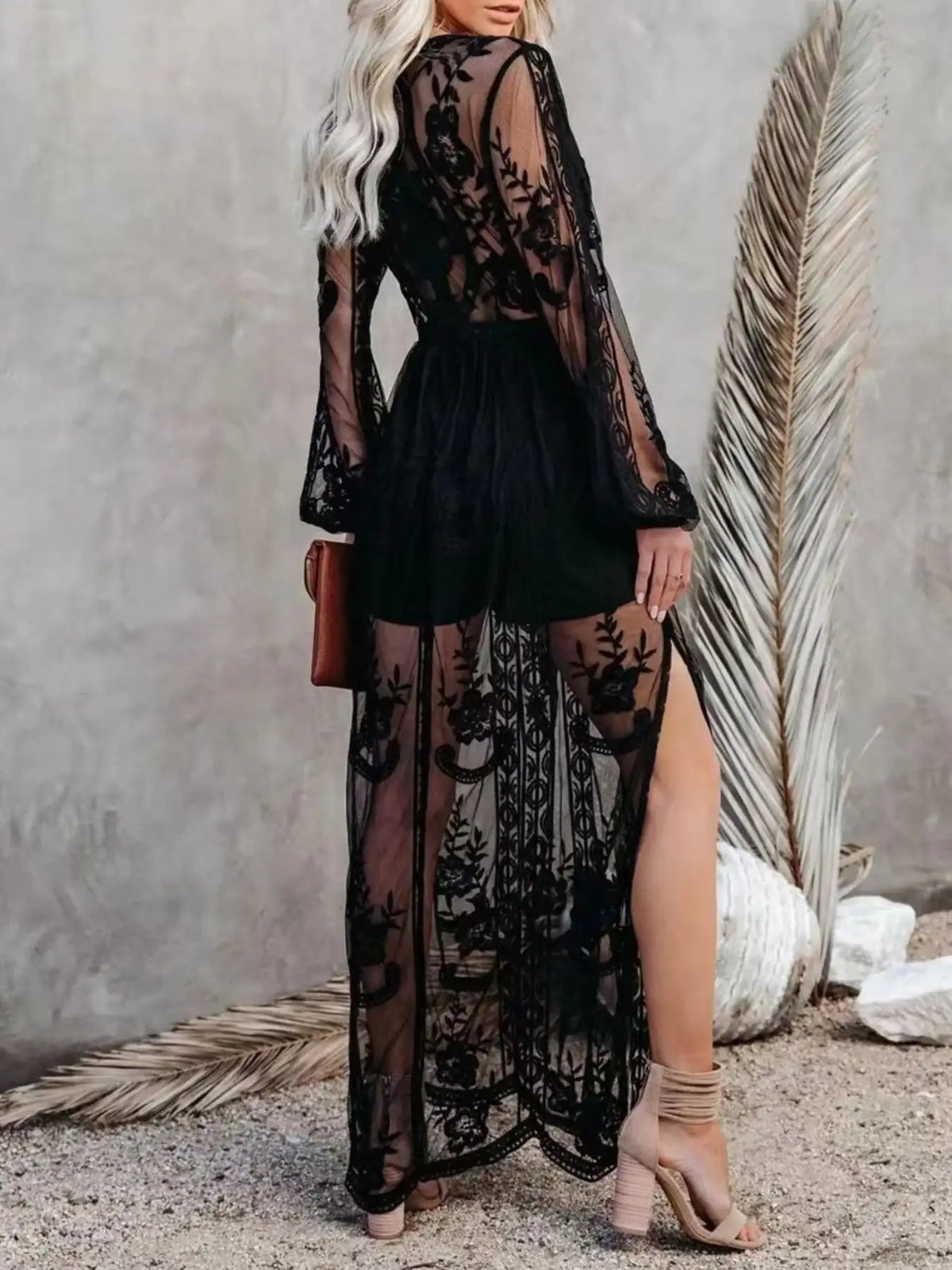 Evie's Dreamland floral lace maxi dress with a high slit and floor-length silhouette