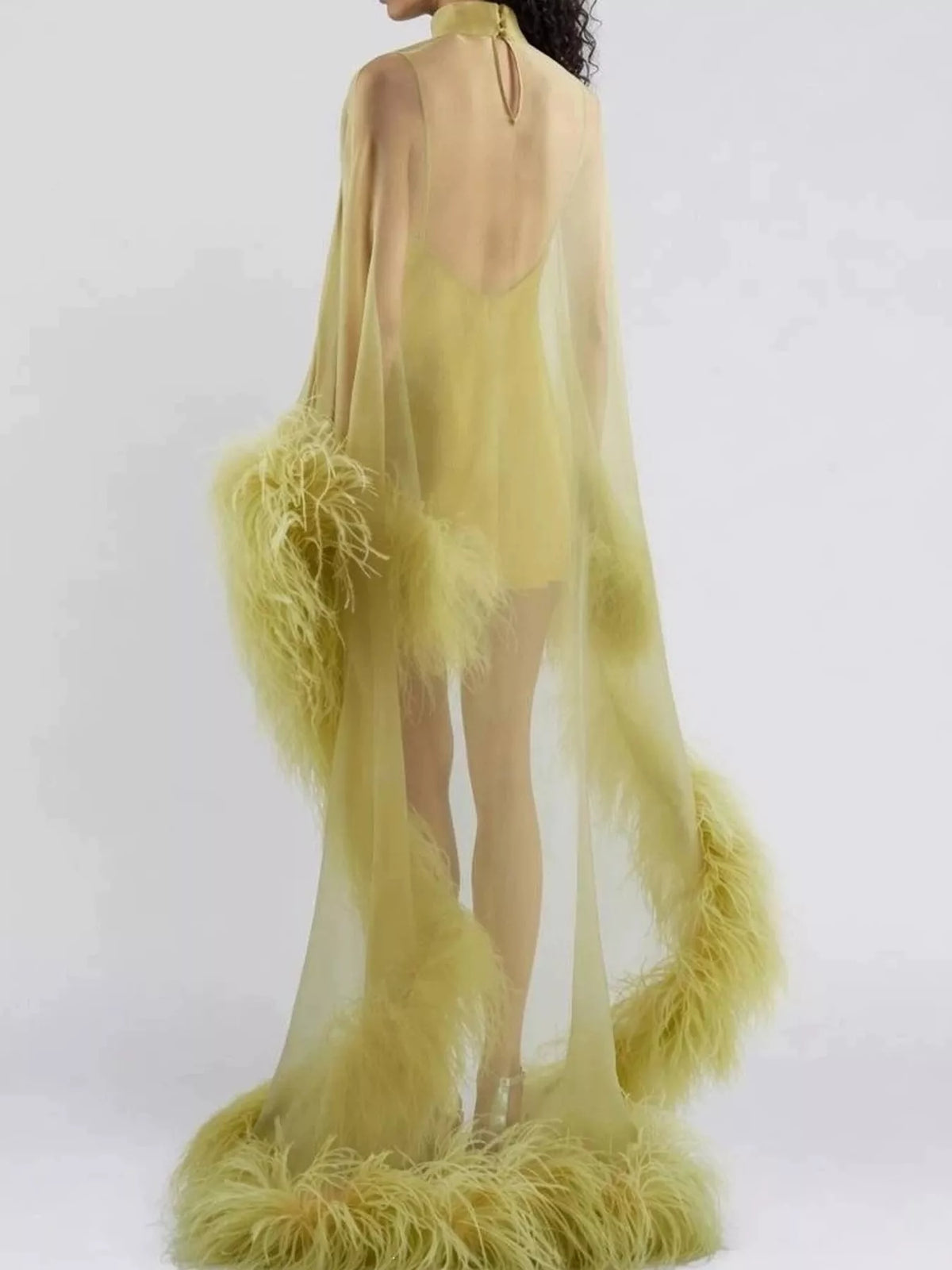 Green feather trim sheer mini dress - detail