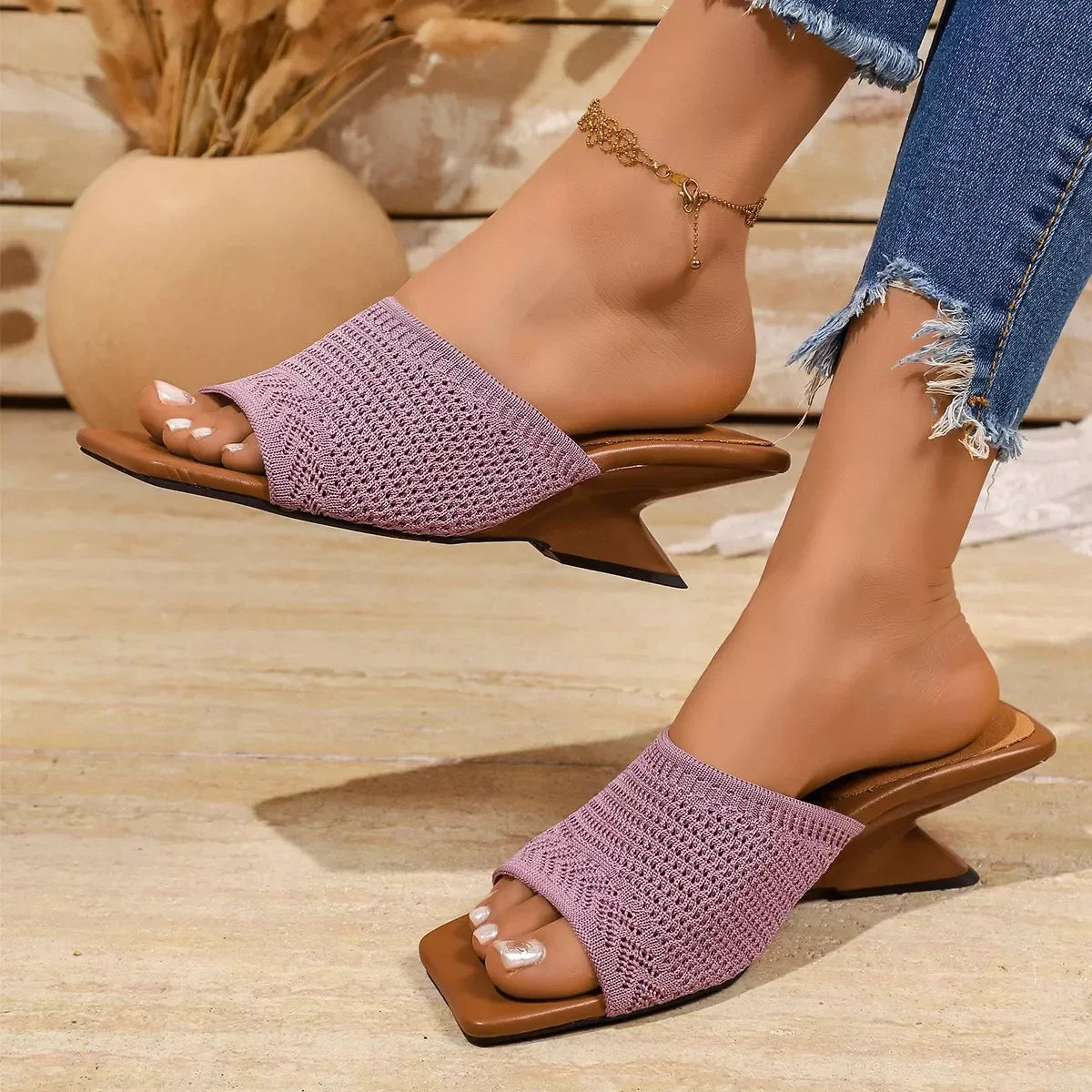 Women's breathable mesh block heel sandals, angled view