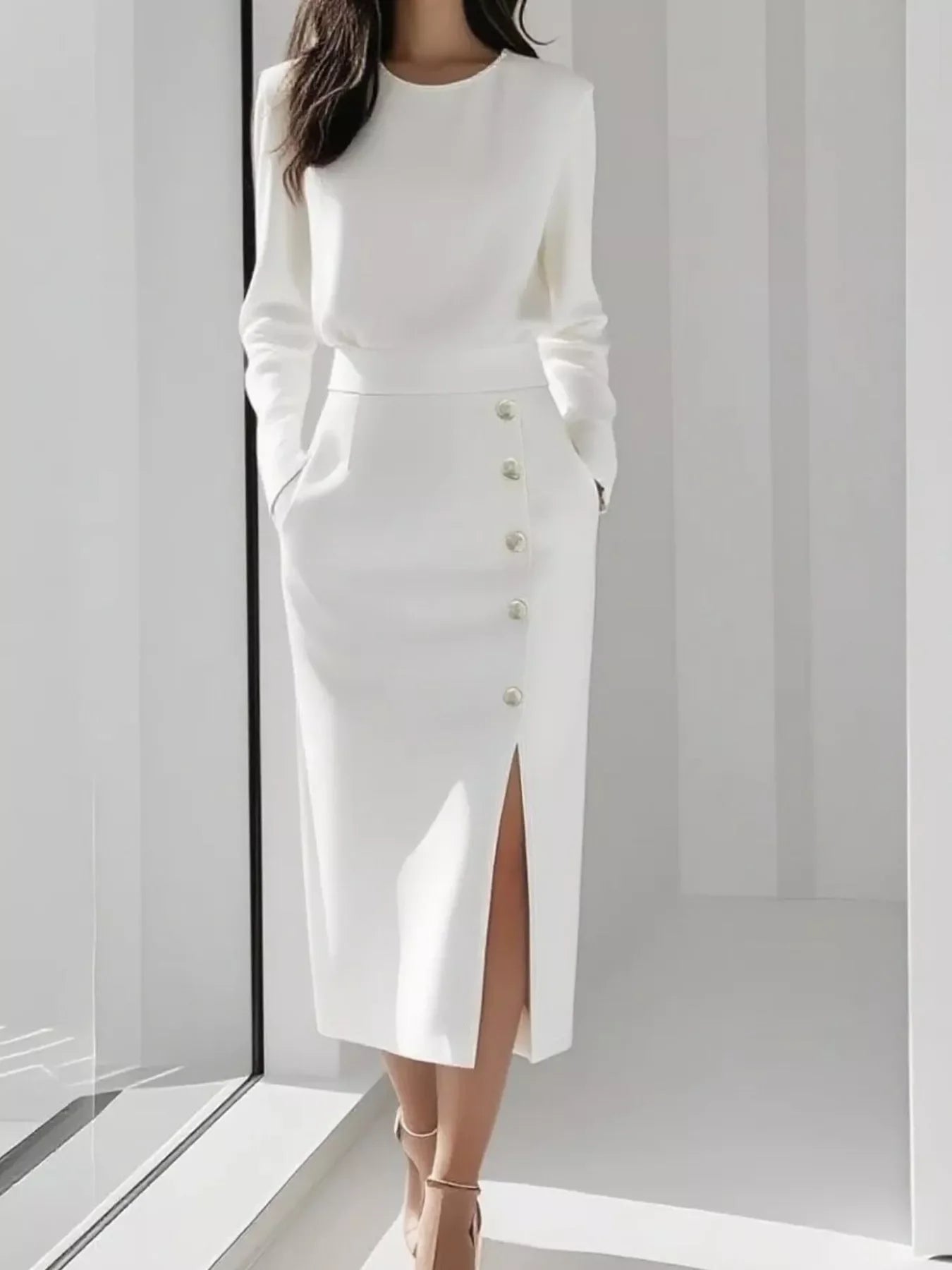 Long Sleeve Button Detail Midi Dress with Slit and Pockets