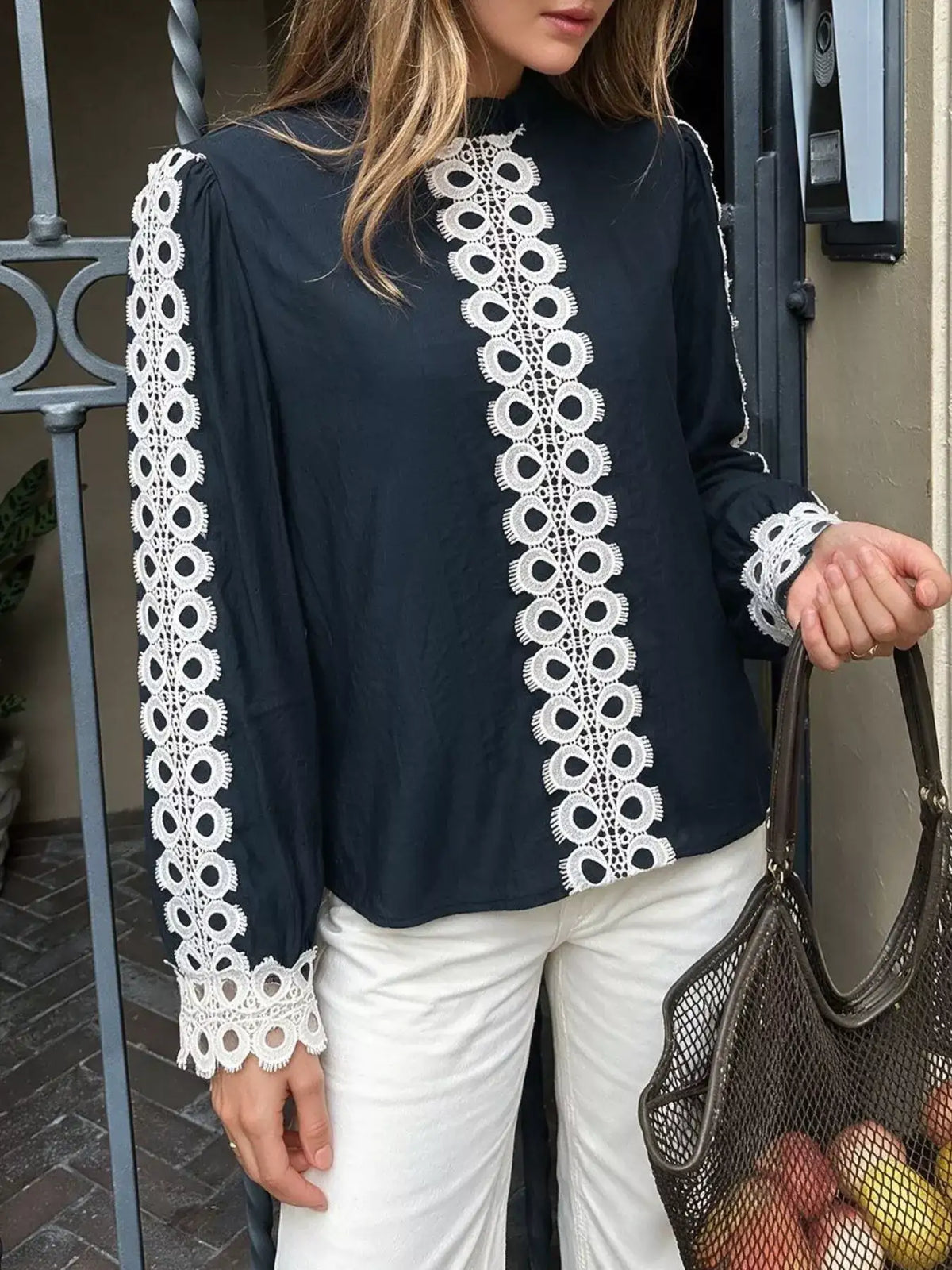 Navy lace trim blouse for women - back view
