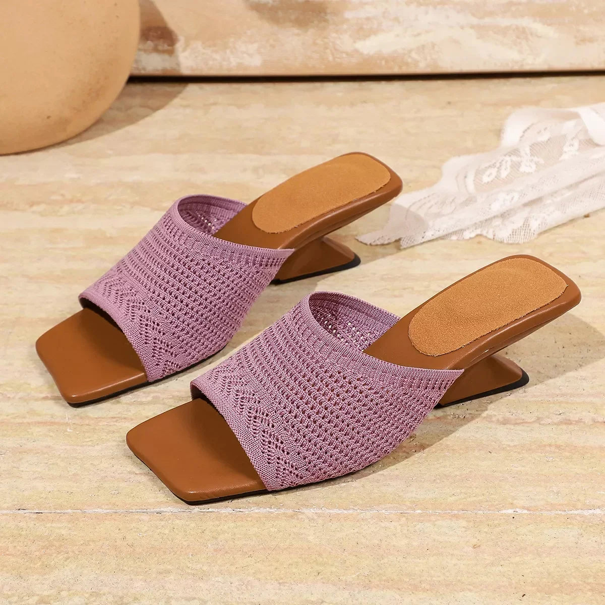 Women's purple breathable mesh block heel sandals detail view