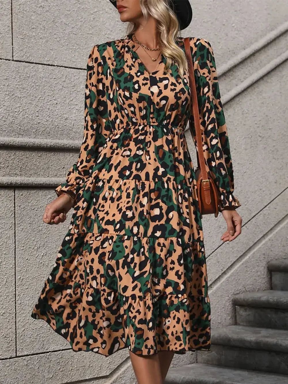 Camel leopard print notched flounce sleeve midi dress - front view