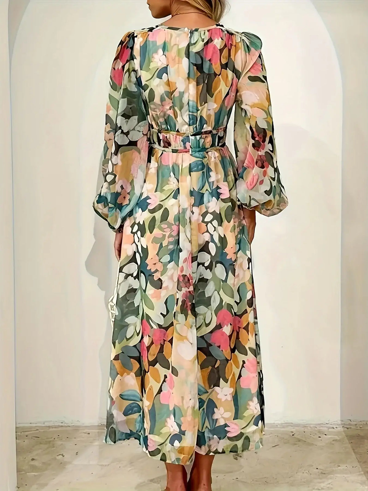 White floral print long sleeve midi dress - front view