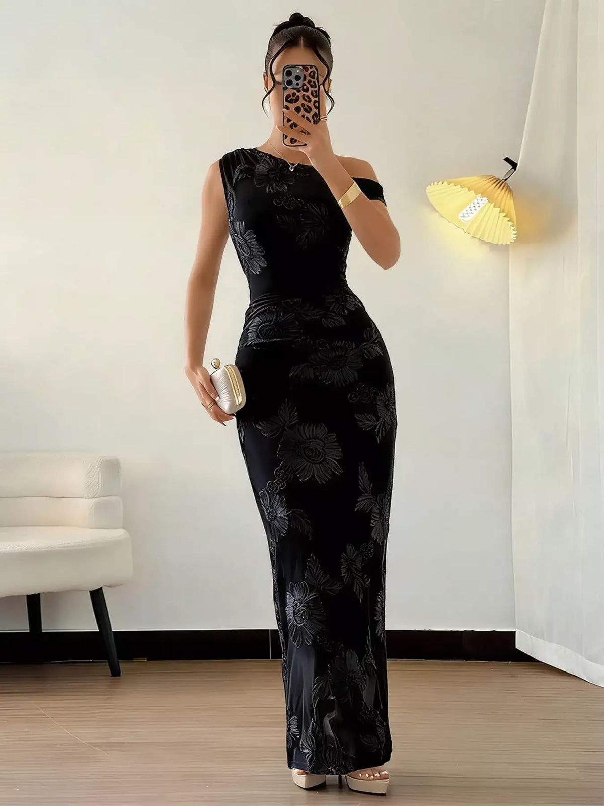 Black embroidered one shoulder maxi dress