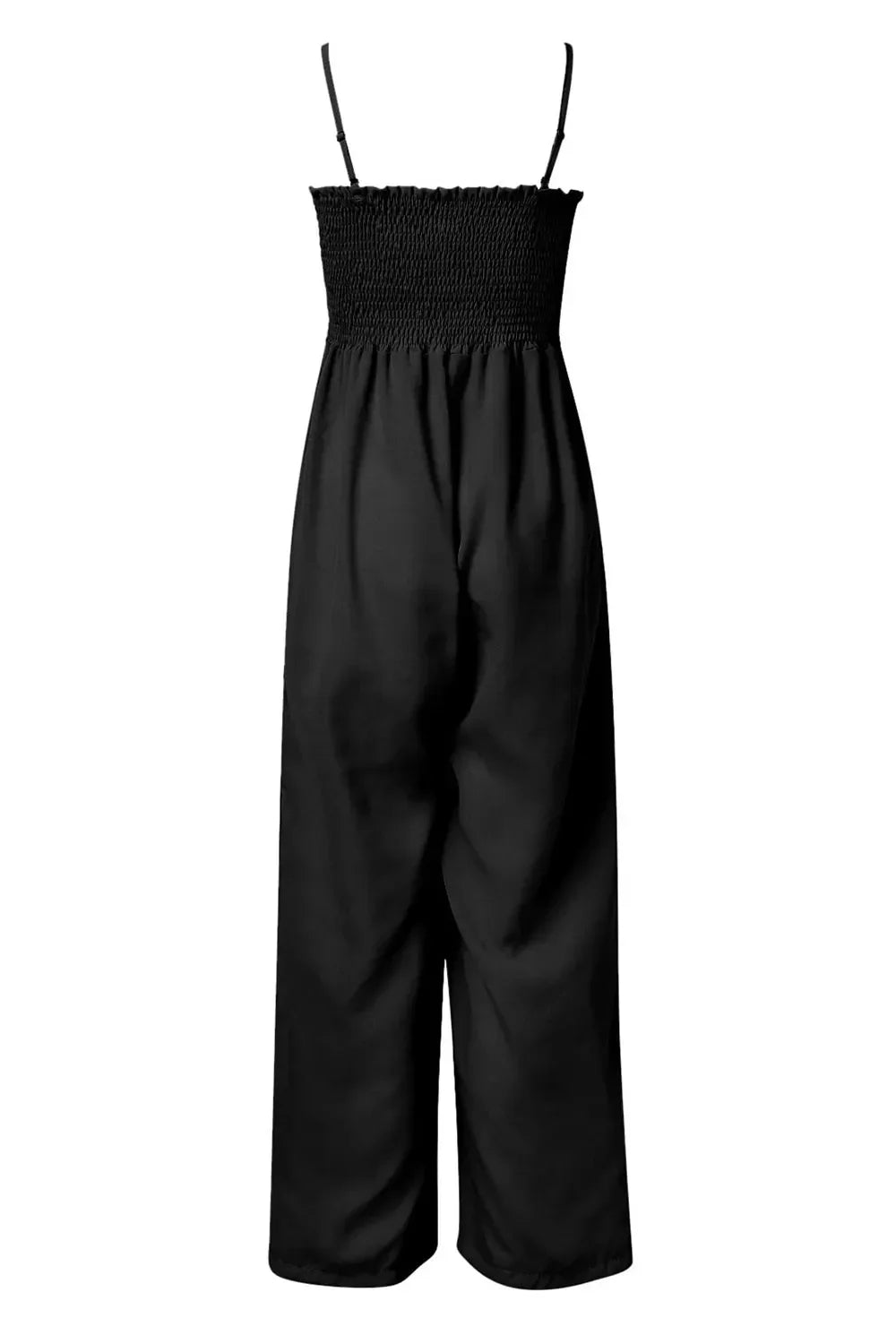 Black sleeveless jumpsuit with smocked bodice and wide-leg pants on white background