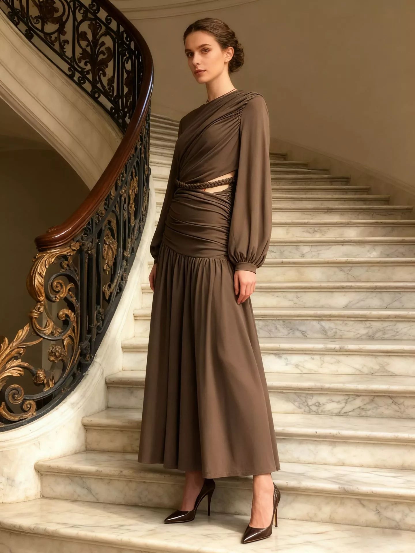 Woman wearing a long brown draped dress with a waist cutout on a marble staircase