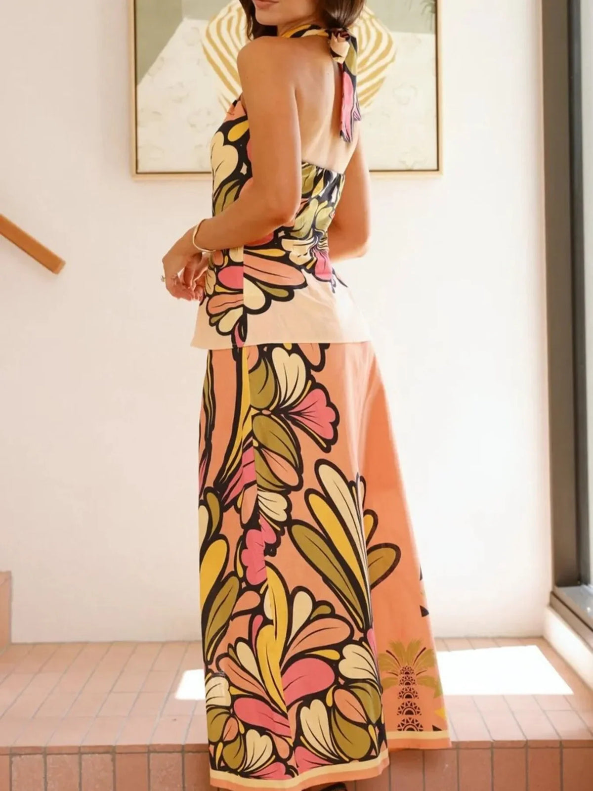 Printed Halter Crop Top and Skirt Set