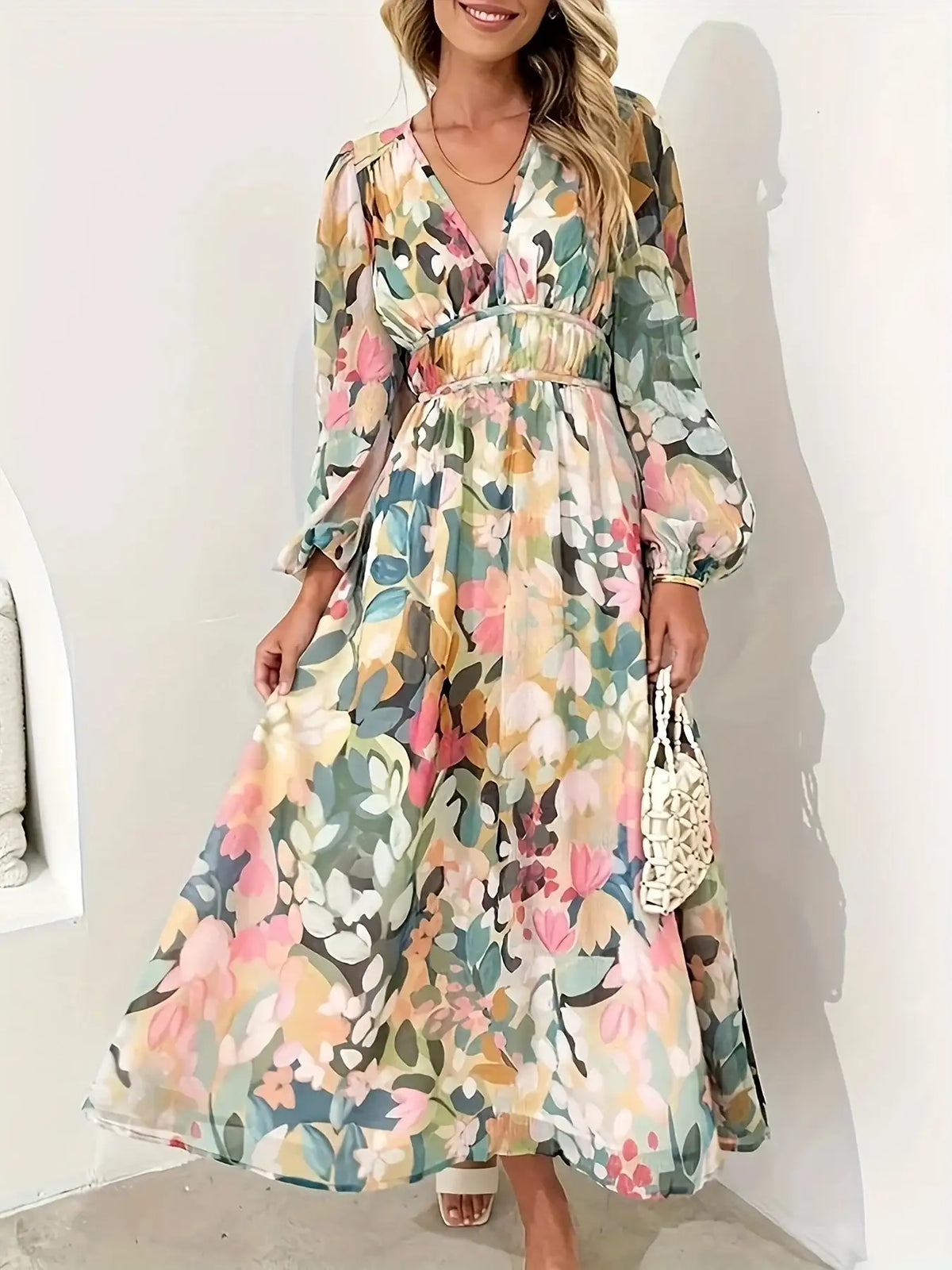 Beige floral long sleeve midi dress - side view