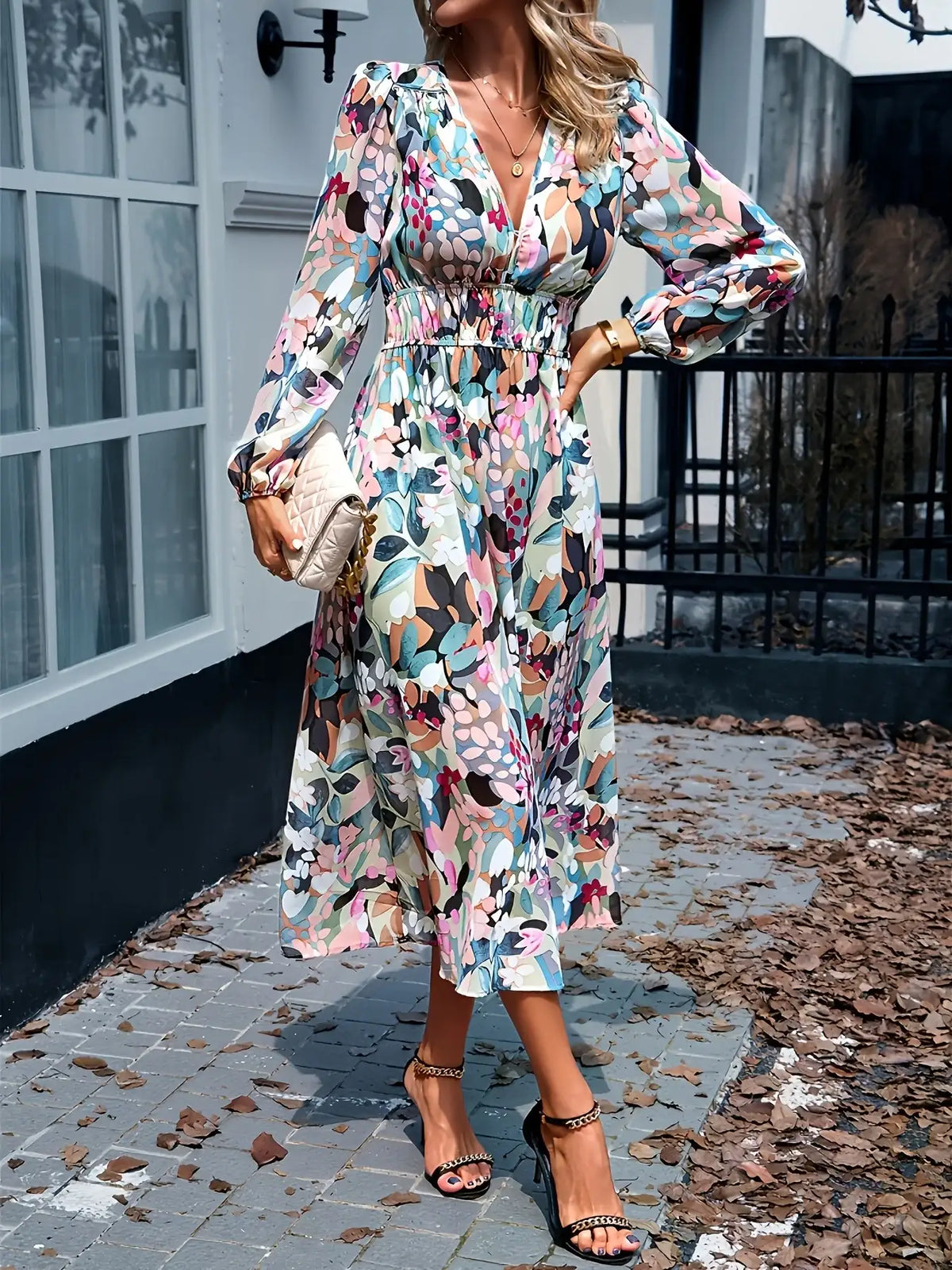 Floral long sleeve midi dress styled look