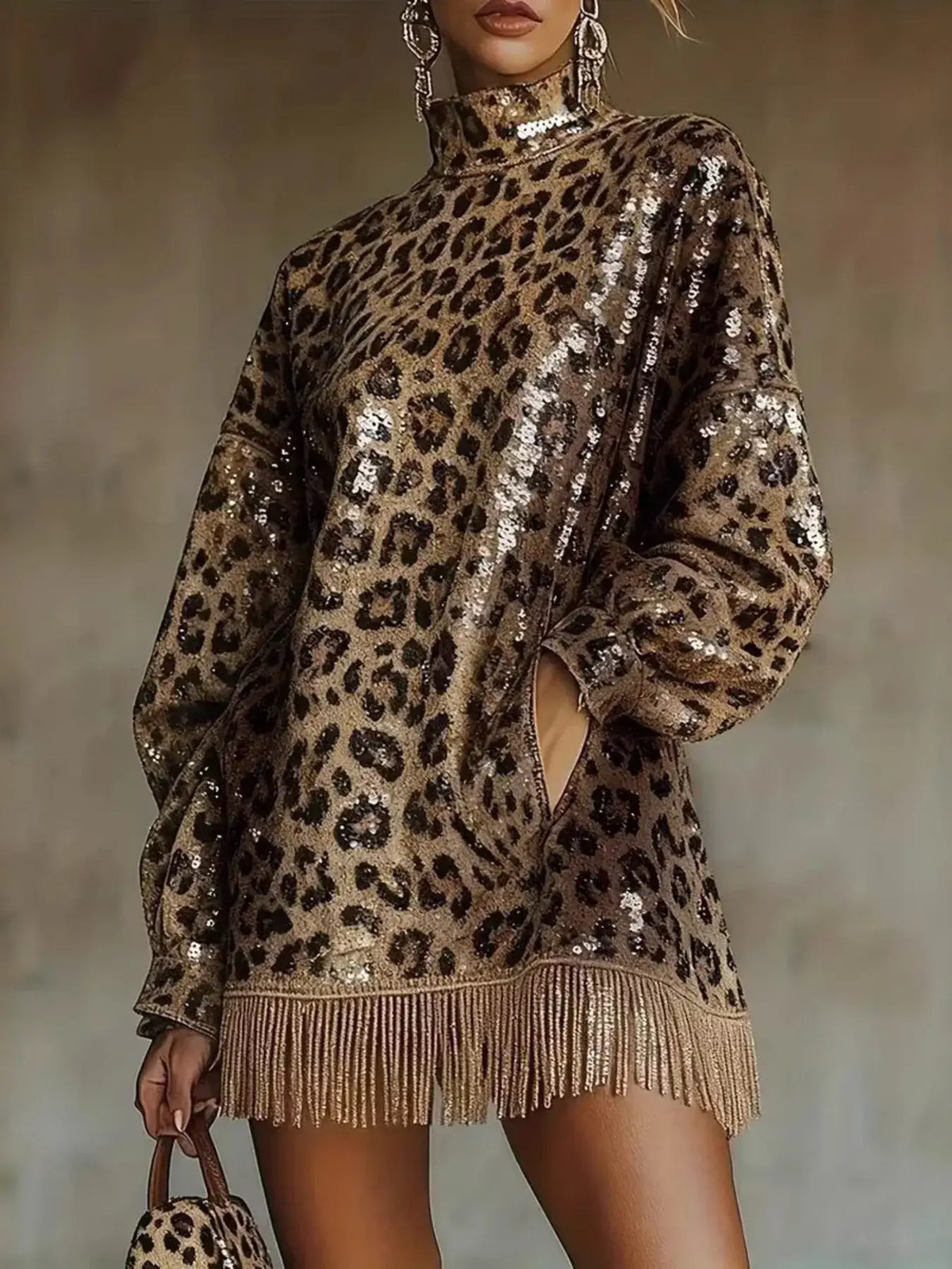 Evie's Dreamland leopard sequin mock neck mini dress with long sleeves and gold fringe hem.