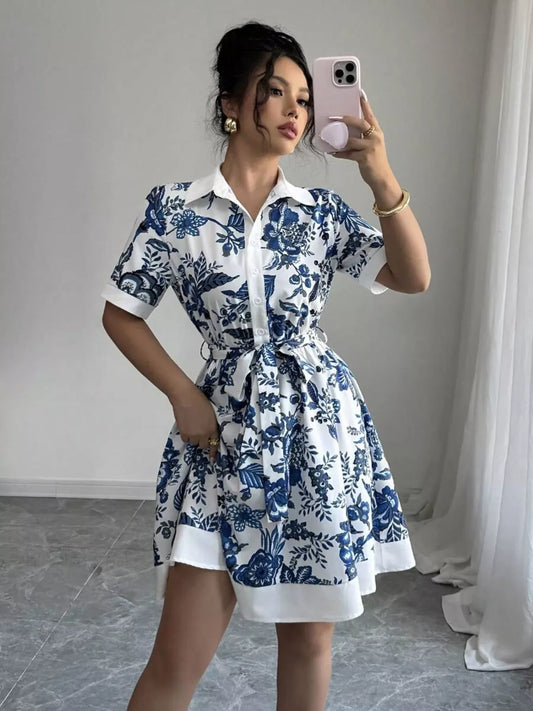 Printed button-front mini dress on model — breezy summer day dress