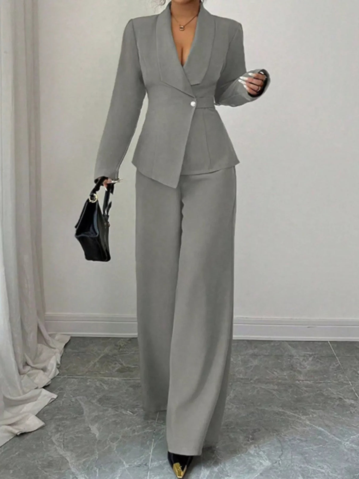 One Button Blazer and Pants Set Elegant Tailored Suit Style