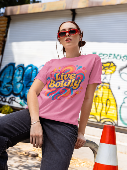 Person wearing a pink 'Live Boldly' t-shirt in front of a graffiti-covered wall.