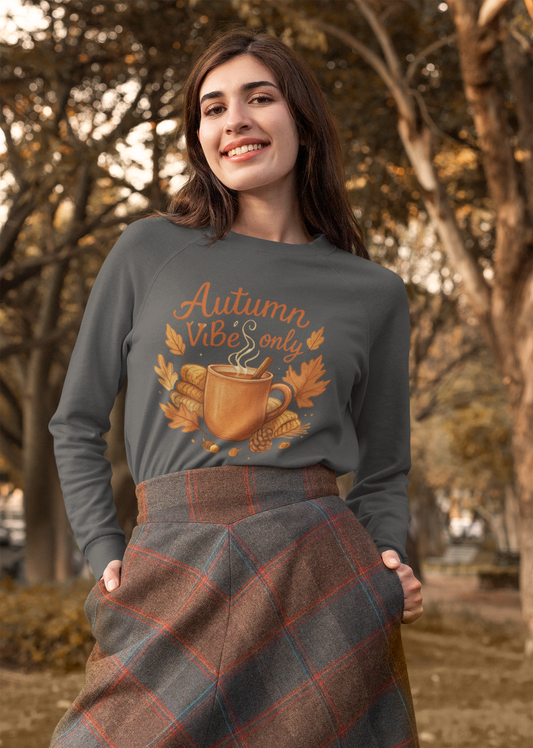 Woman wearing Autumn Vibes Only Crewneck Sweatshirt with fall leaves background