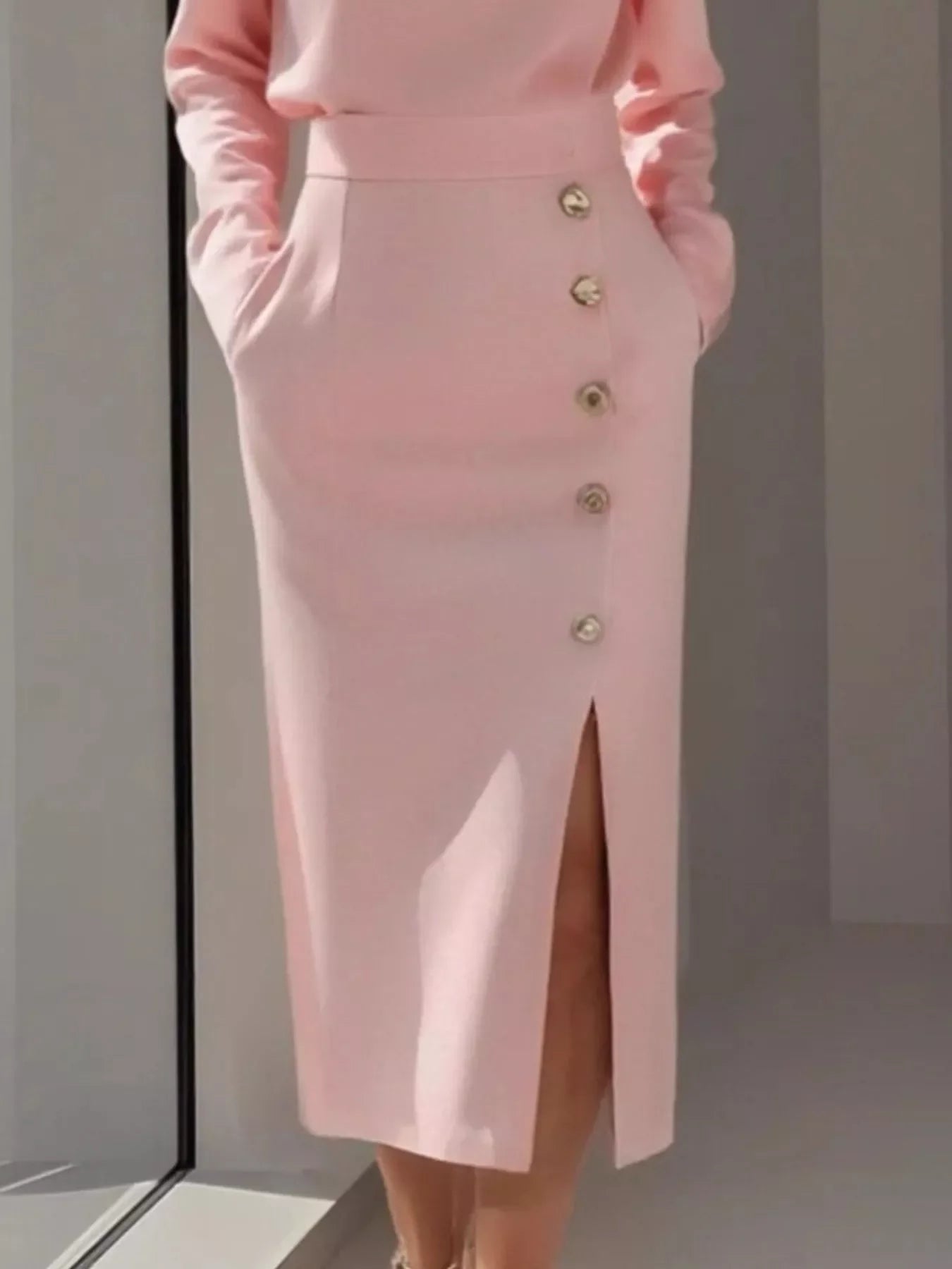 Long Sleeve Button Detail Midi Dress with Slit and Pockets