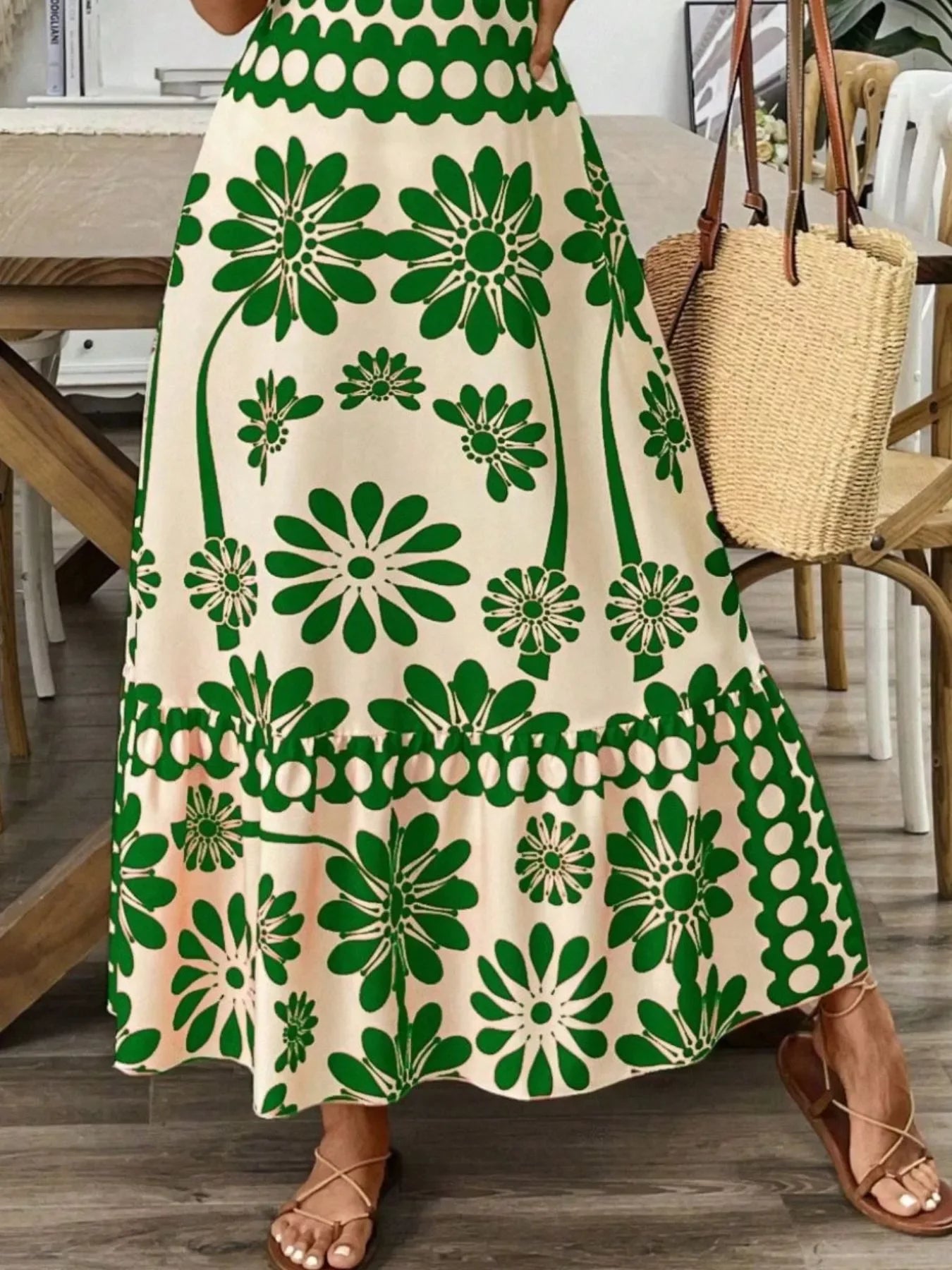 Green floral tie-shoulder midi dress, summer garden party style